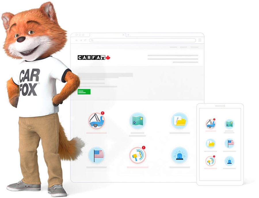 CARFAX Canada's mascot, CAR FOX, standing with a Vehicle History Report.